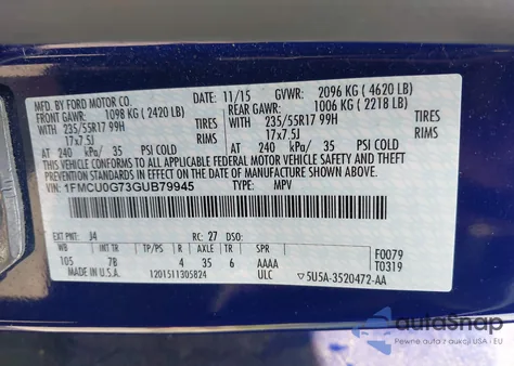 2016 Ford Escape Se from USA, damaged, VIN 1FMCU0G73GUB79945